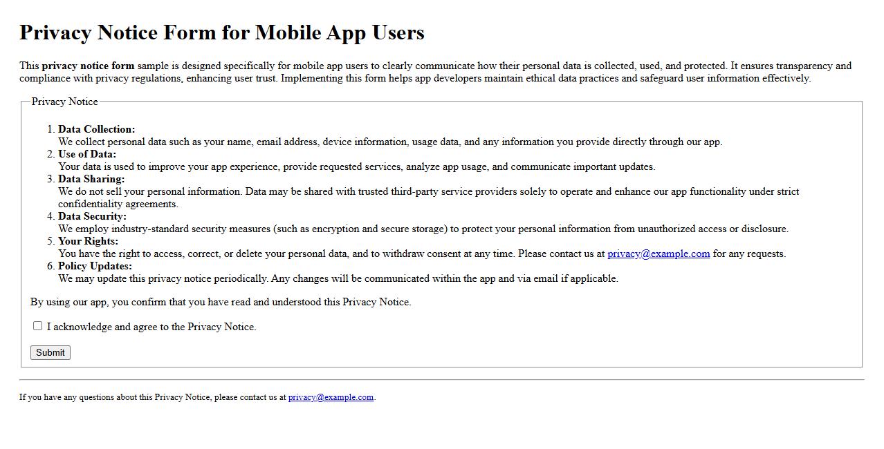 Privacy notice form sample for mobile app users image preview