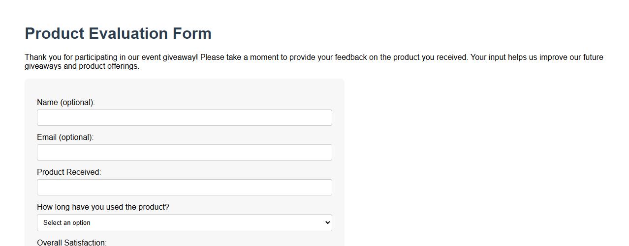product evaluation form sample for event giveaways image preview