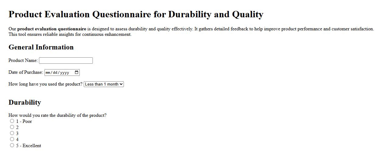 Product evaluation questionnaire for durability and quality image preview