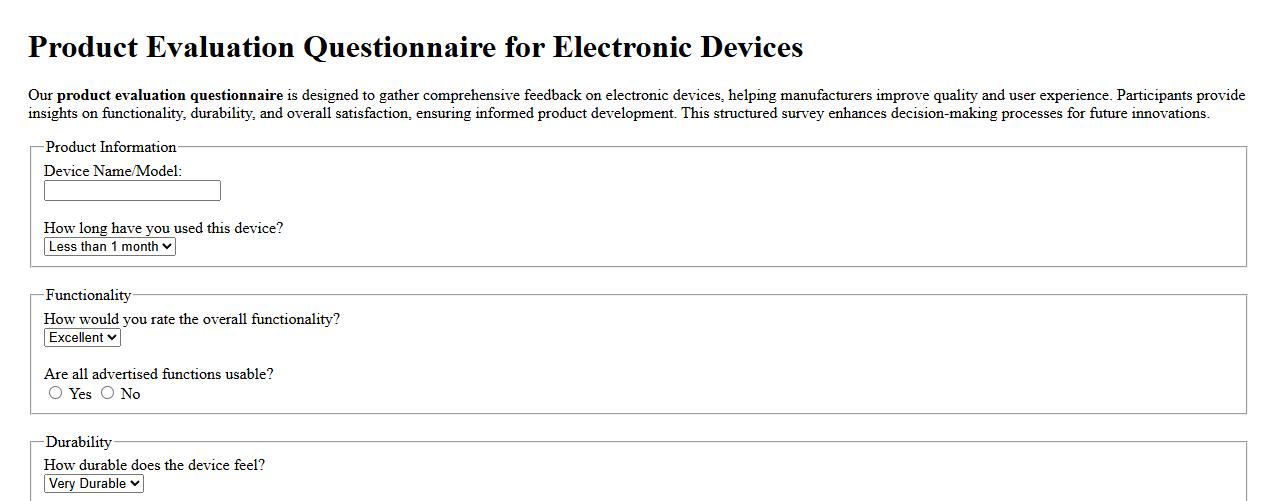 Product evaluation questionnaire for electronic devices image preview