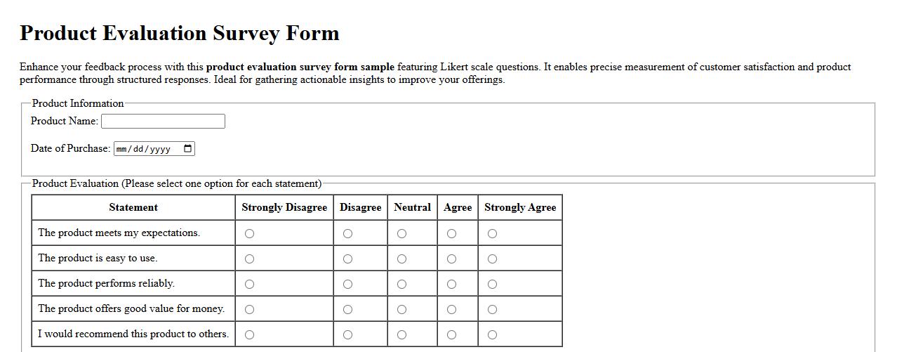 product evaluation survey form sample with Likert scale questions image preview