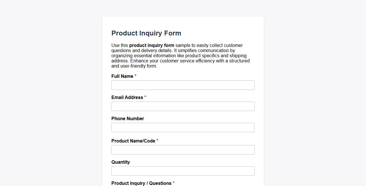 product inquiry form sample including delivery details image preview
