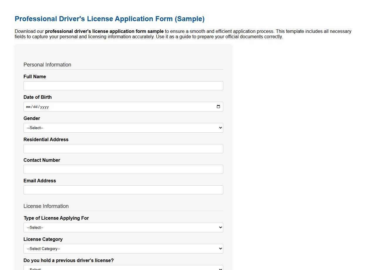Professional driver’s license application form sample image preview