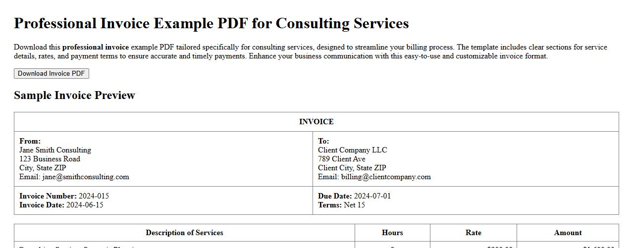 Professional invoice example PDF for consulting services image preview