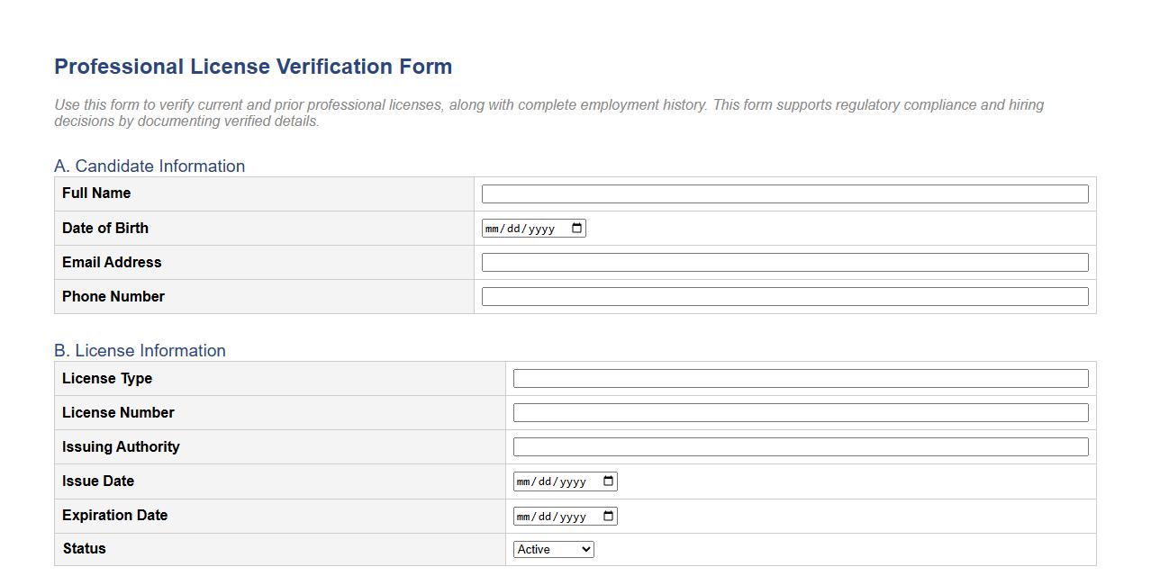 professional license verification form sample with employment history image preview