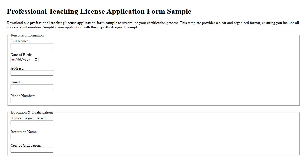 Professional teaching license application form sample image preview