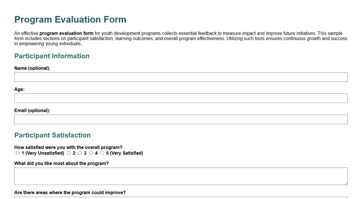 Program evaluation form sample for youth development programs image preview