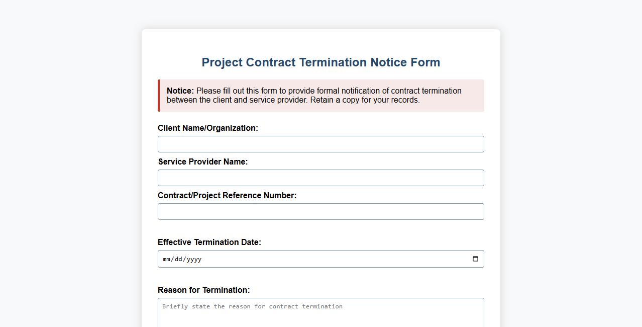 Project contract termination notice form sample for clients image preview