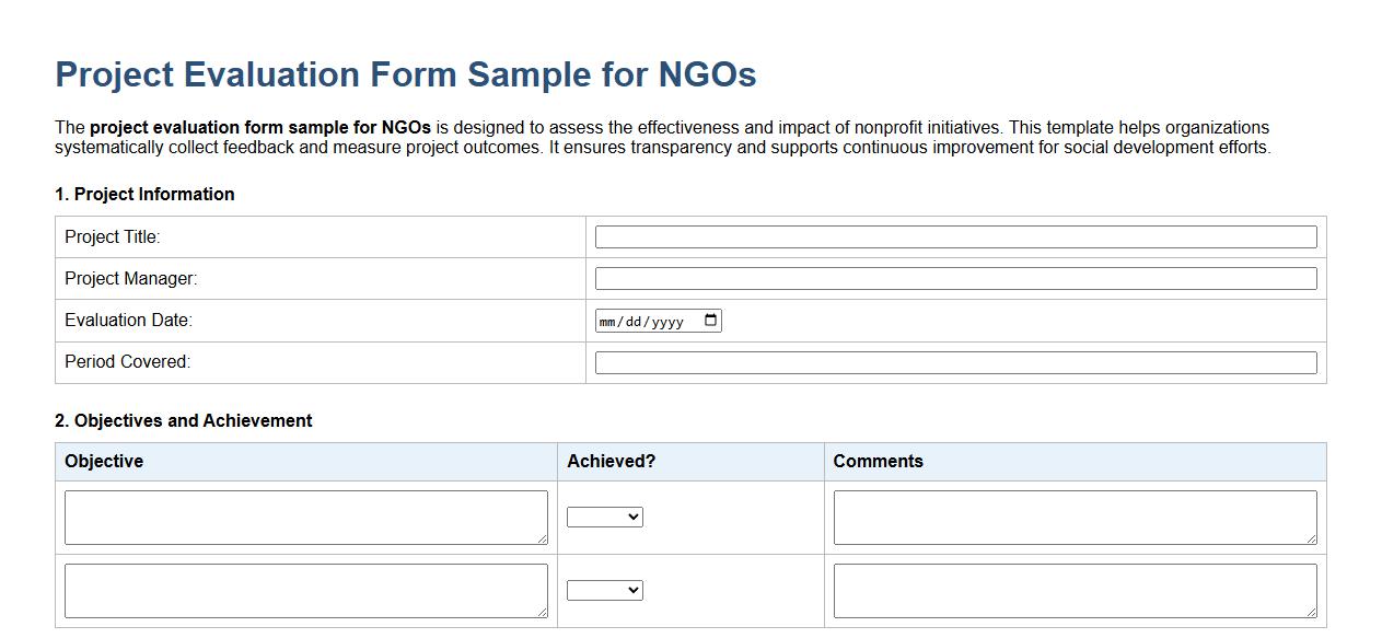 project evaluation form sample for NGOs image preview