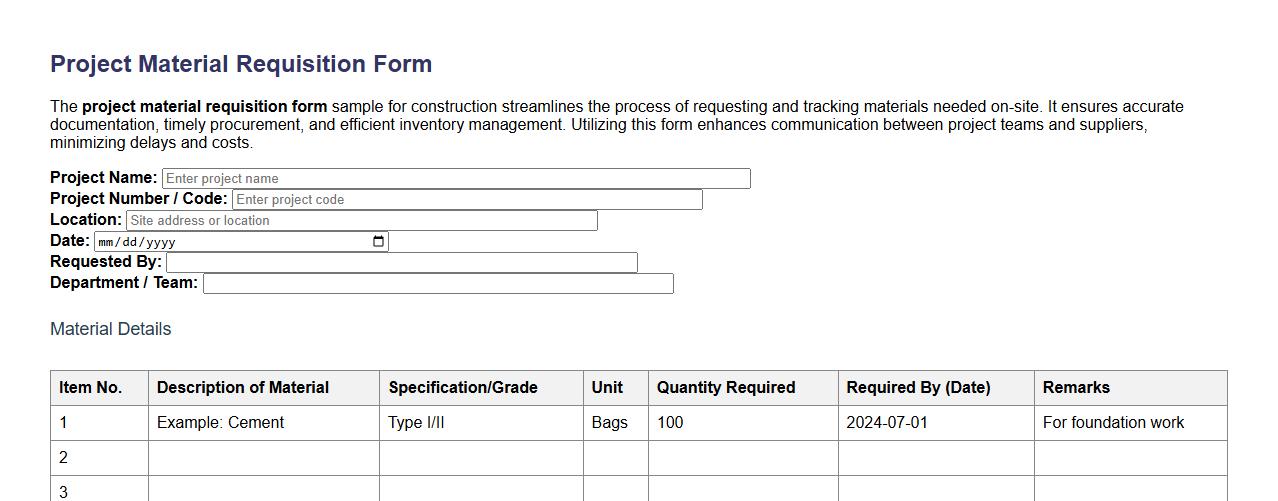 project material requisition form sample for construction image preview