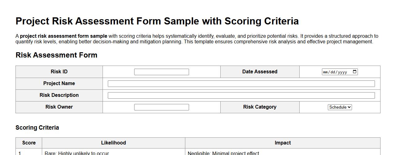 Project risk assessment form sample with scoring criteria image preview