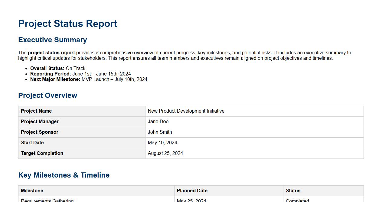 project status report with executive summary image preview