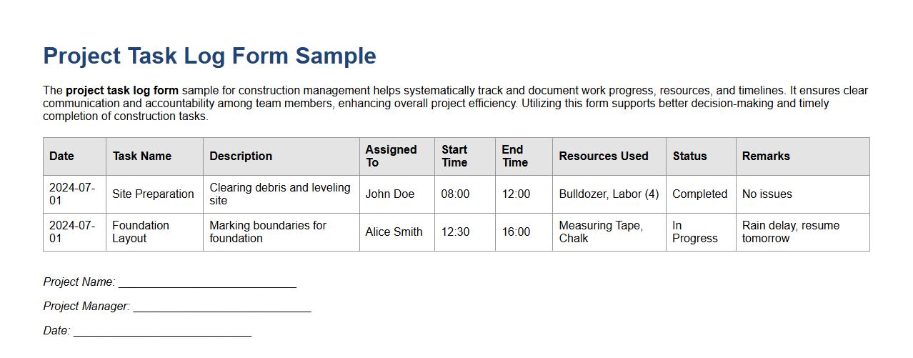 project task log form sample for construction management image preview