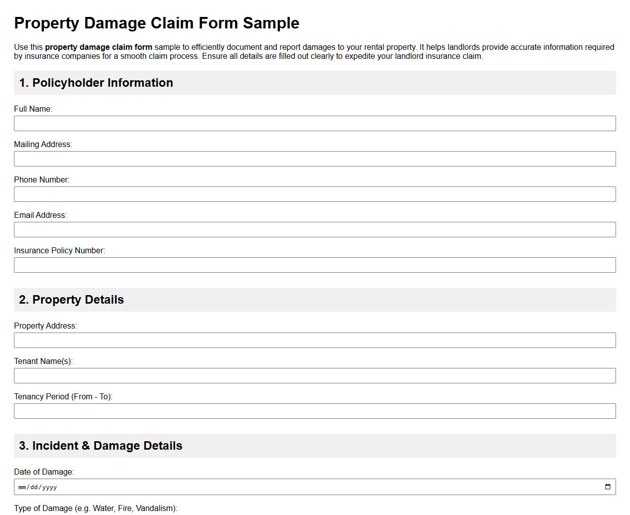 property damage claim form sample for landlord insurance image preview