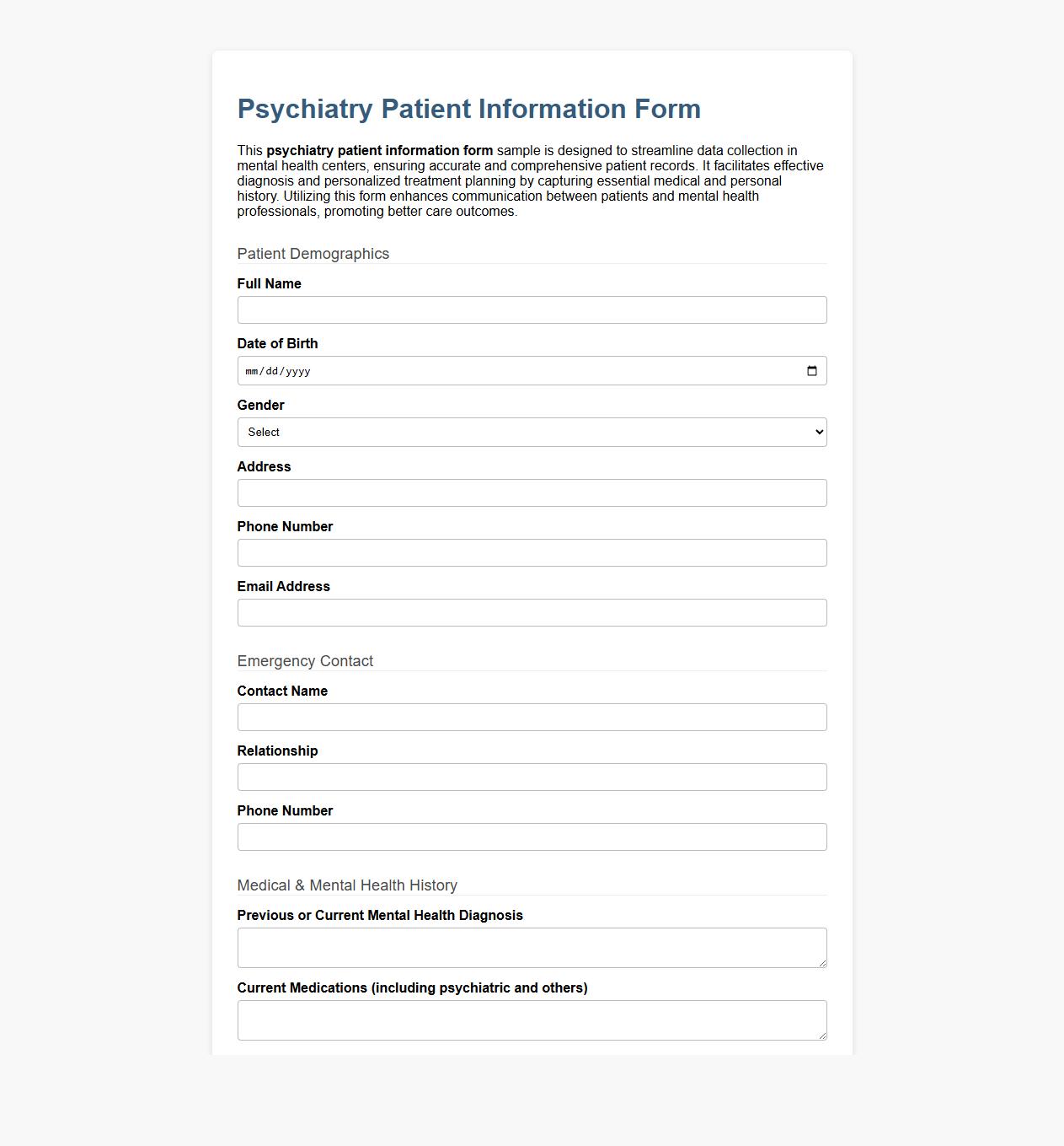 Psychiatry patient information form sample for mental health centers image preview