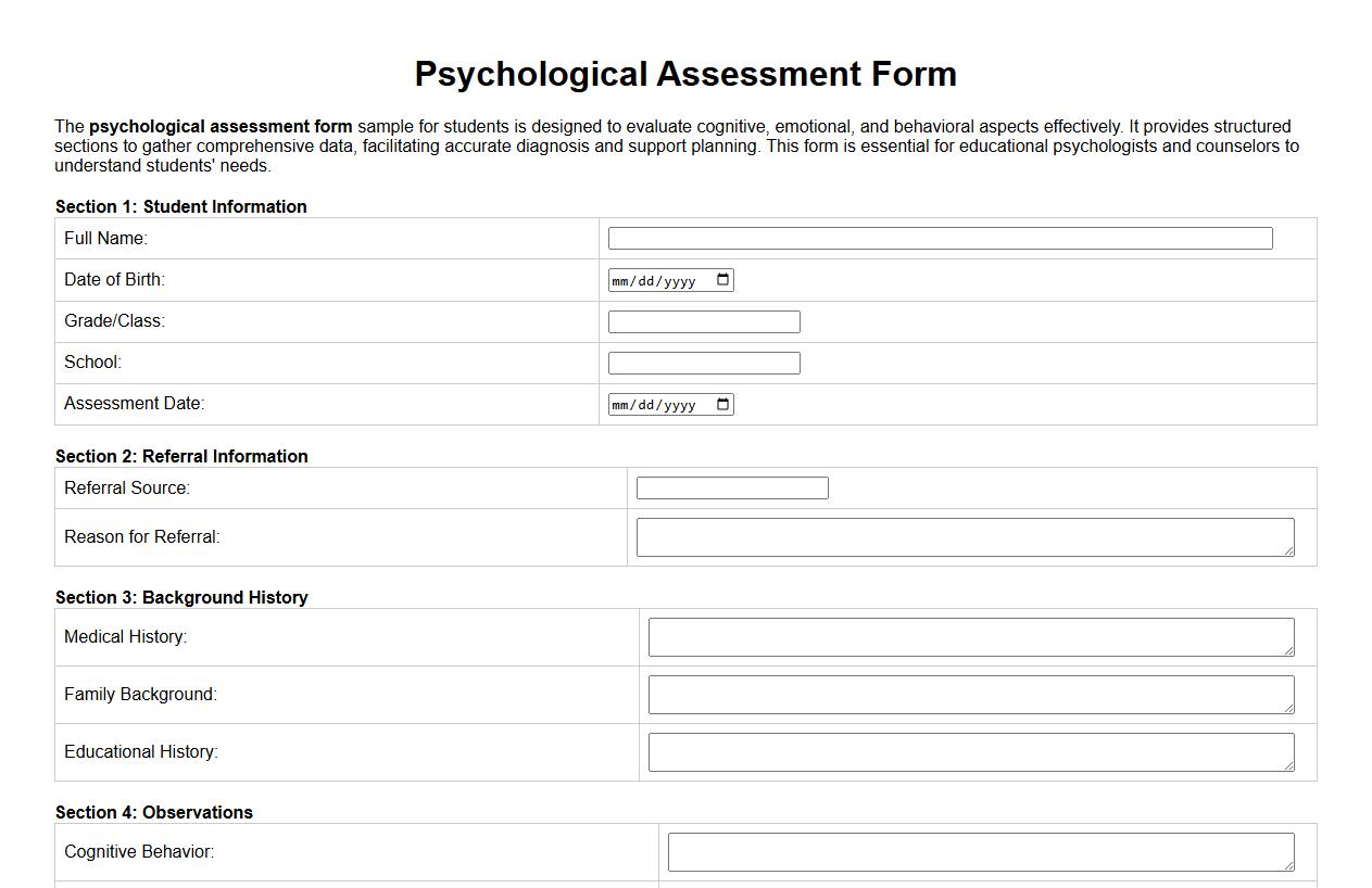 Psychological assessment form sample for students image preview