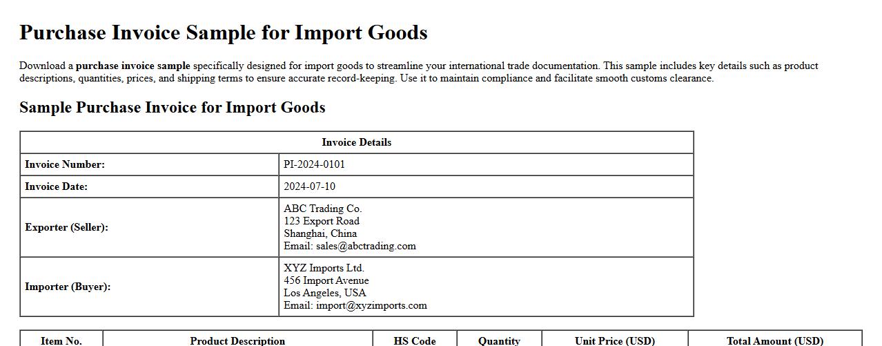 Purchase invoice sample for import goods image preview
