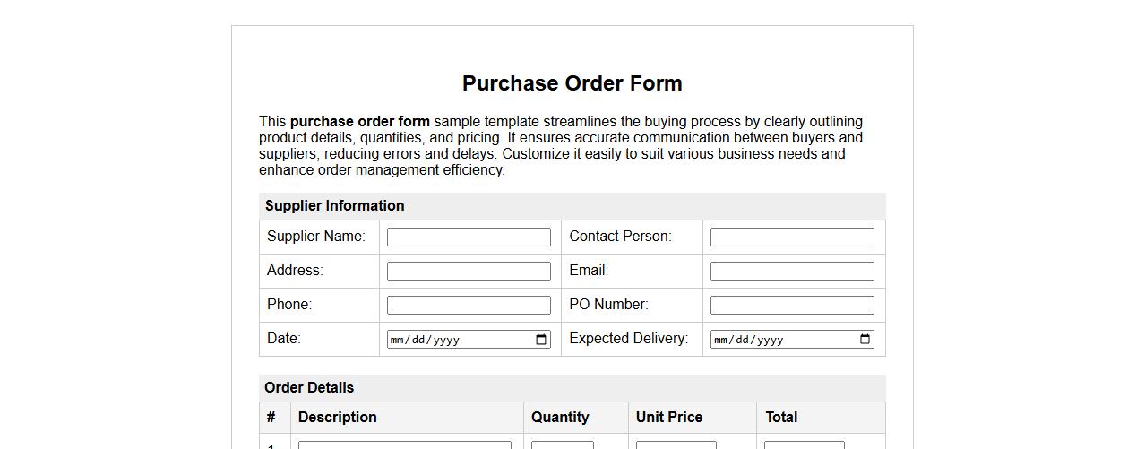 purchase order form sample template image preview