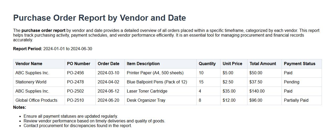 purchase order report by vendor and date image preview