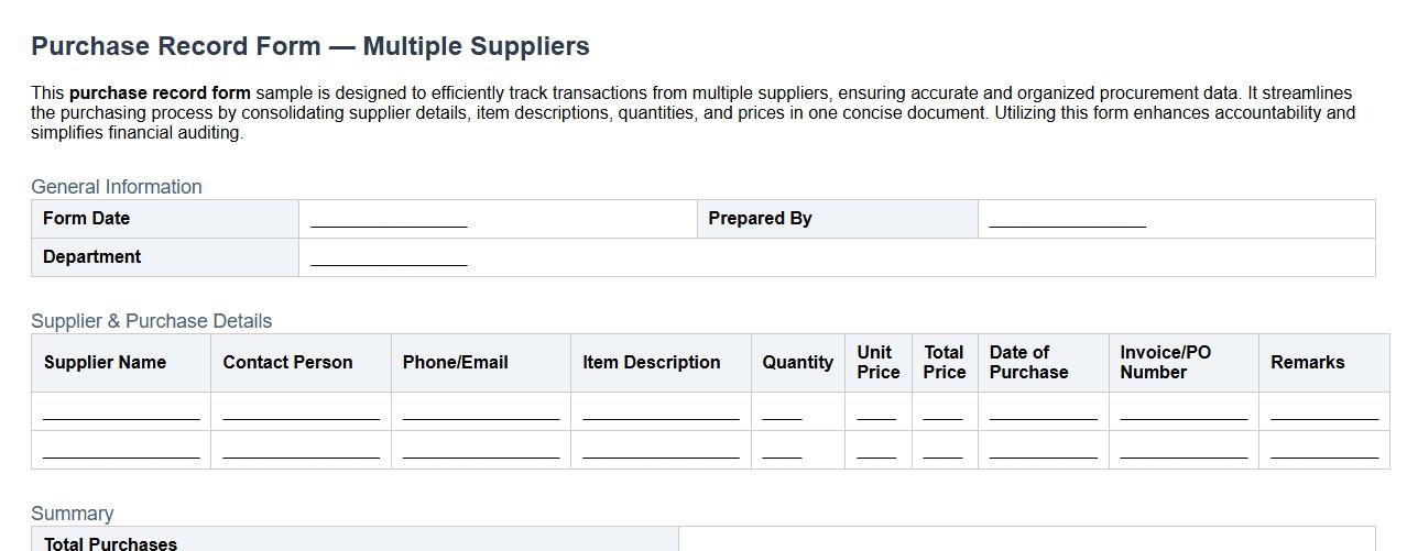 purchase record form sample for multiple suppliers image preview
