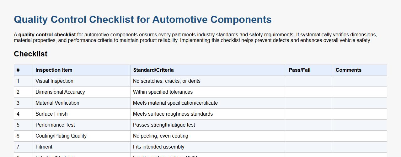 quality control checklist for automotive components image preview