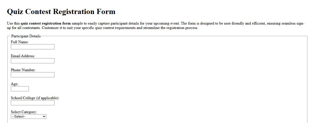 quiz contest registration form sample image preview