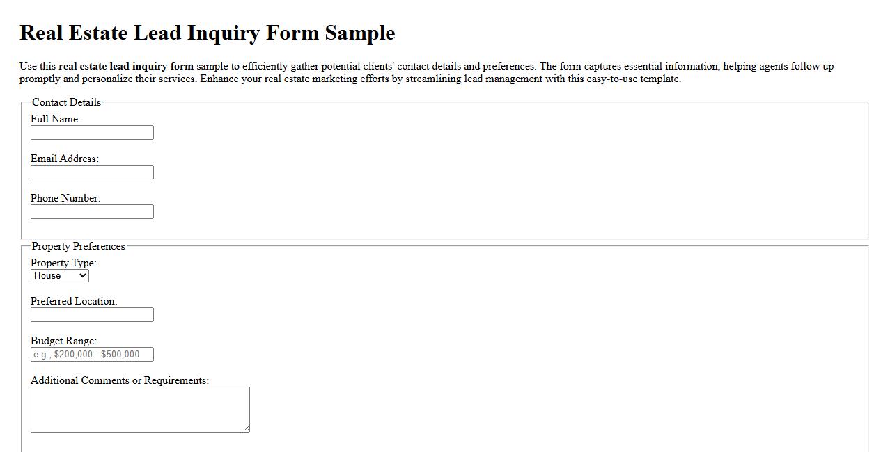 Real estate lead inquiry form sample with contact details image preview