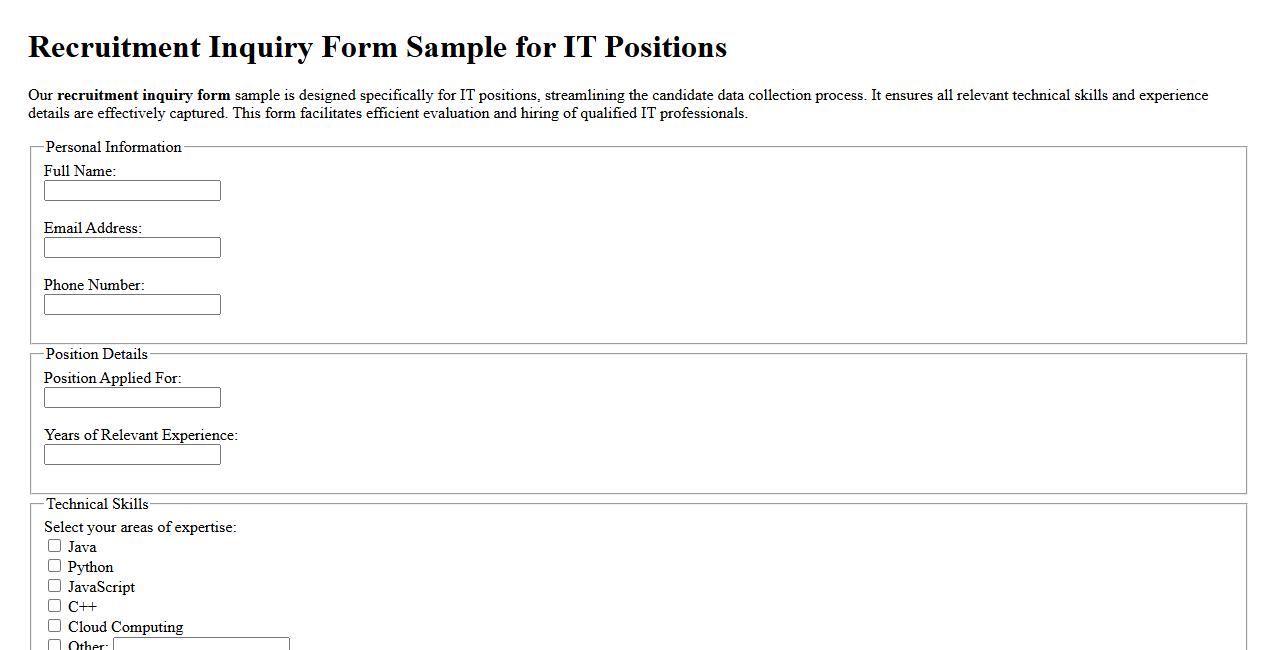Recruitment inquiry form sample for IT positions image preview