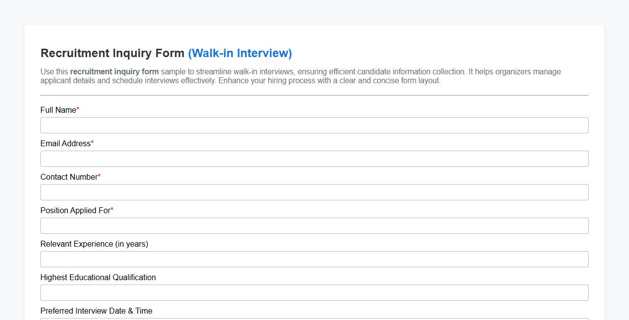 Recruitment inquiry form sample for walk-in interviews image preview