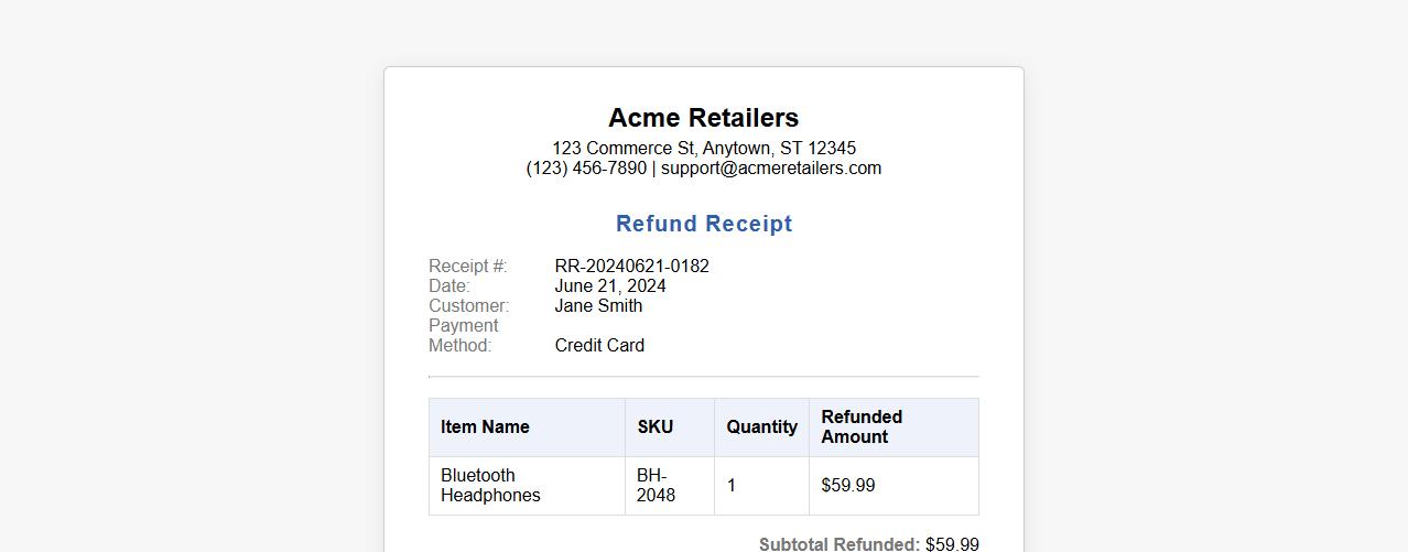 Refund receipt example for returned merchandise image preview