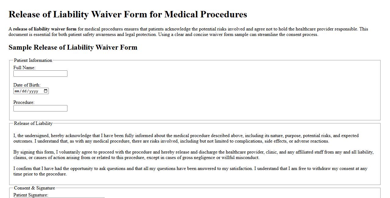 Release of liability waiver form sample for medical procedures image preview