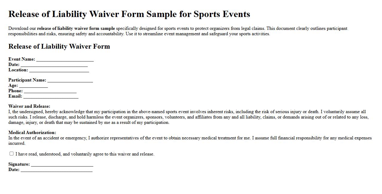 Release of liability waiver form sample for sports events image preview