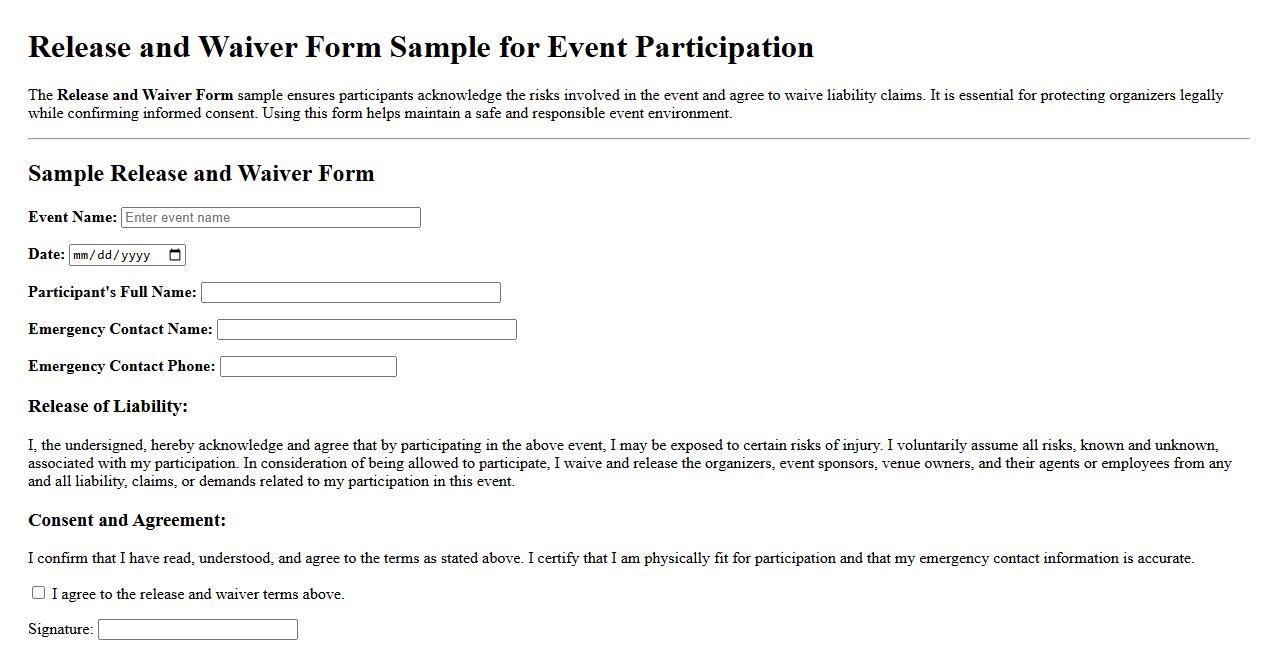 Release and Waiver Form Sample for Event Participation image preview
