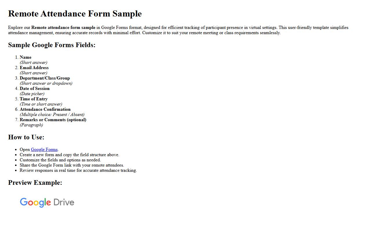 Remote attendance form sample in Google Forms format image preview