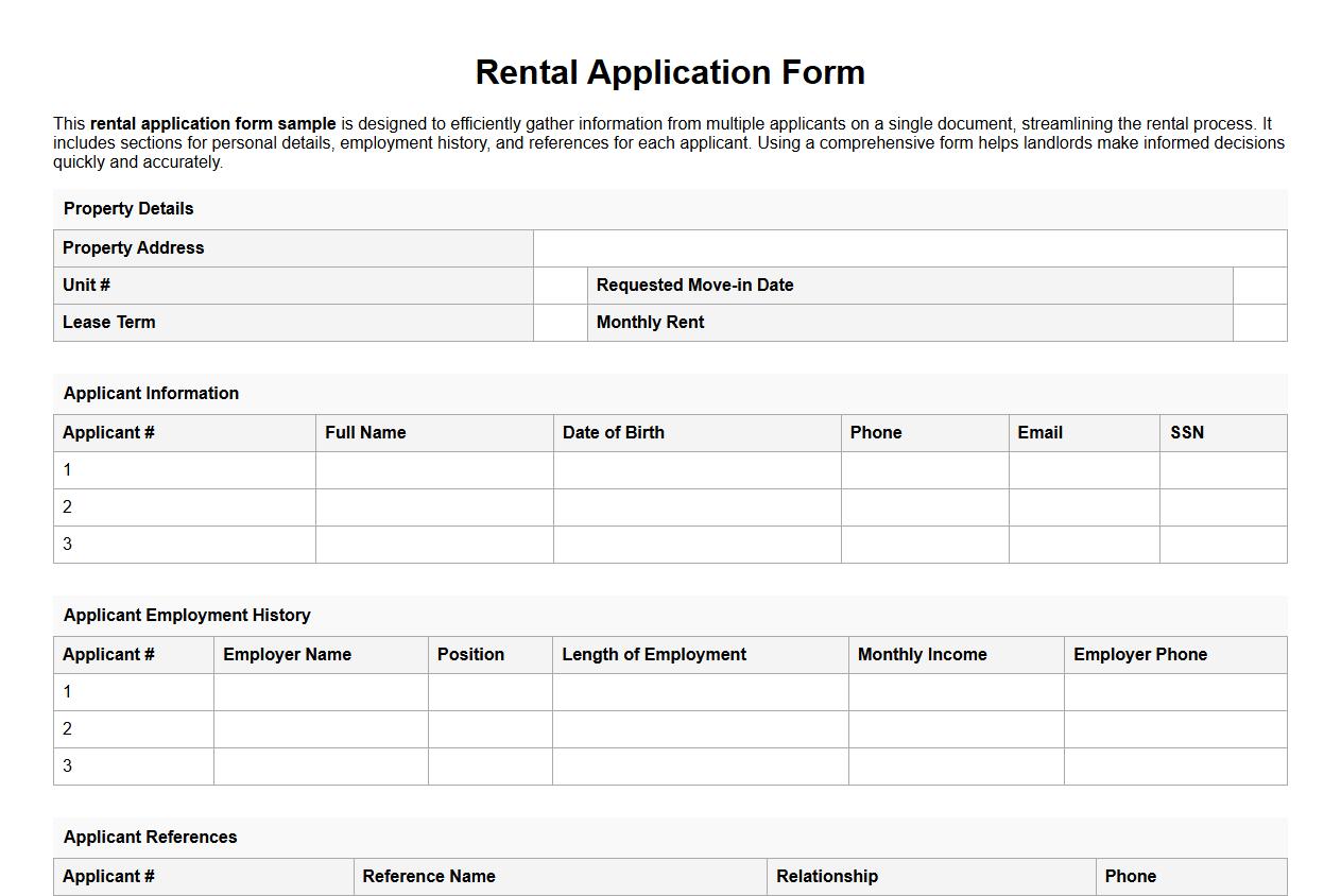 Rental application form sample for multiple applicants image preview