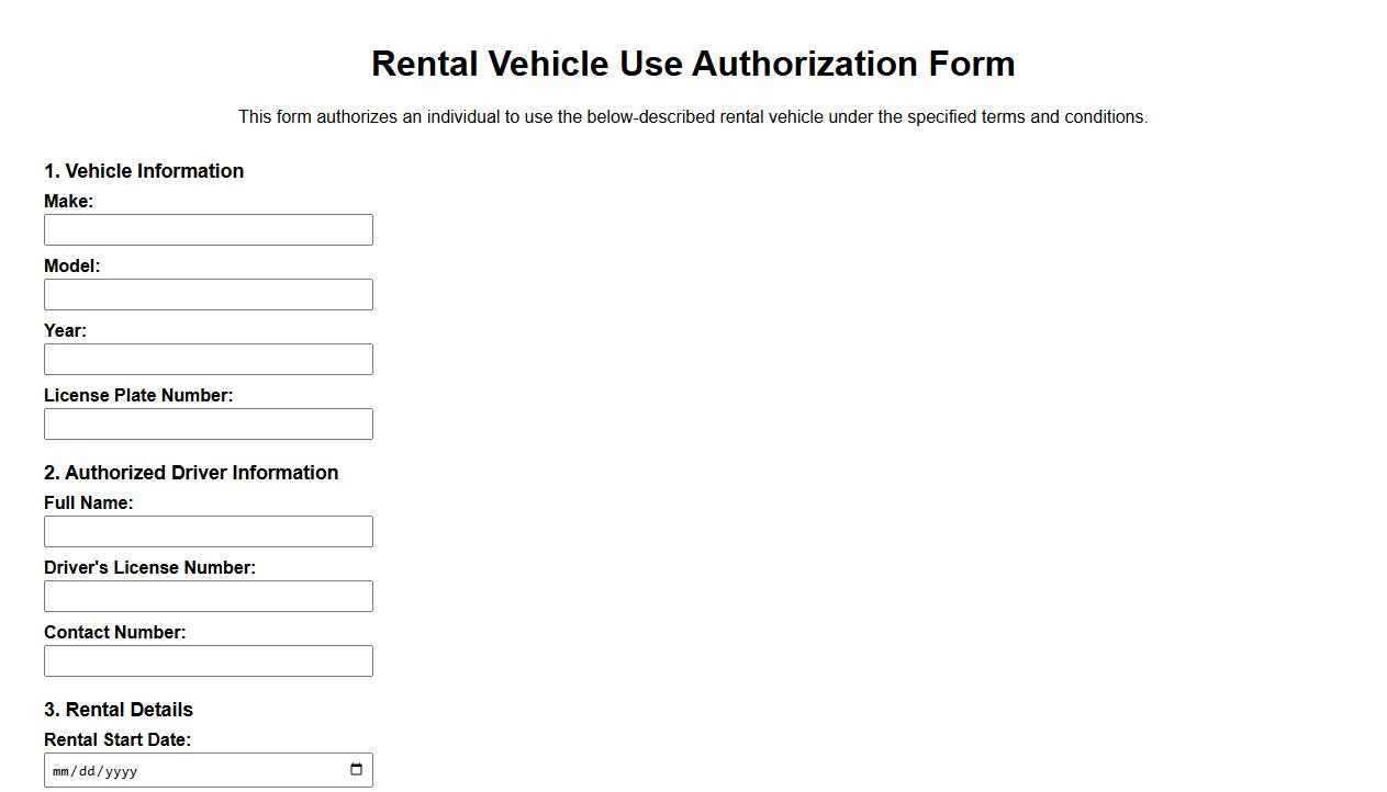 rental vehicle use authorization form sample image preview