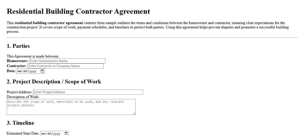 Residential building contractor agreement contract form sample image preview