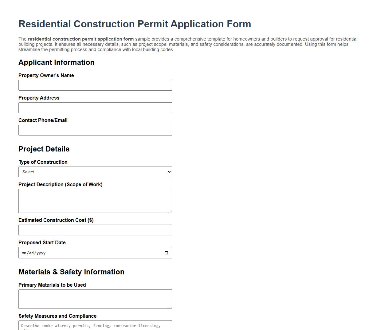 Residential construction permit application form sample image preview