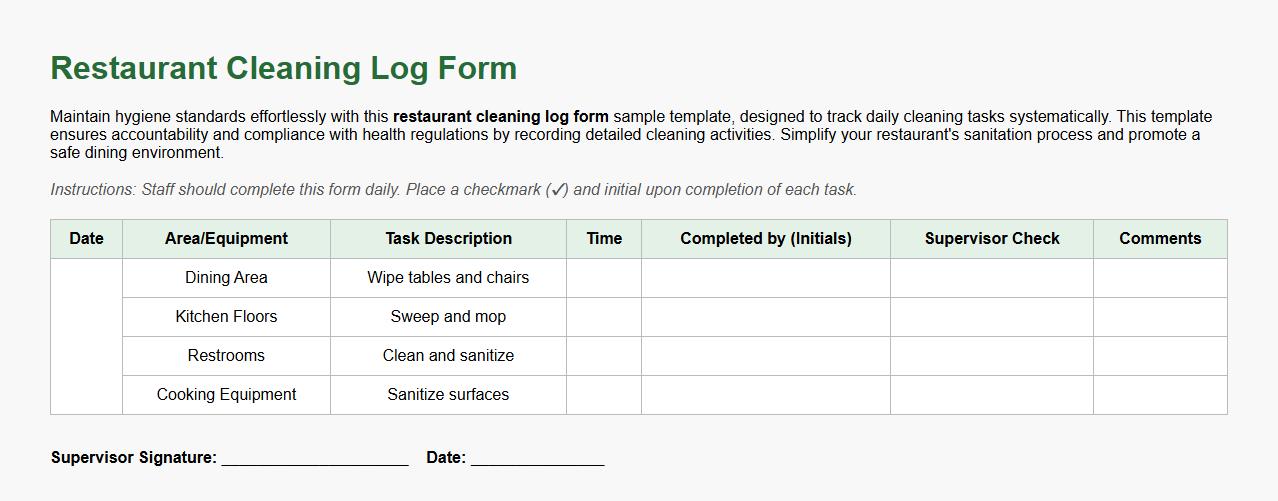Restaurant cleaning log form sample template image preview