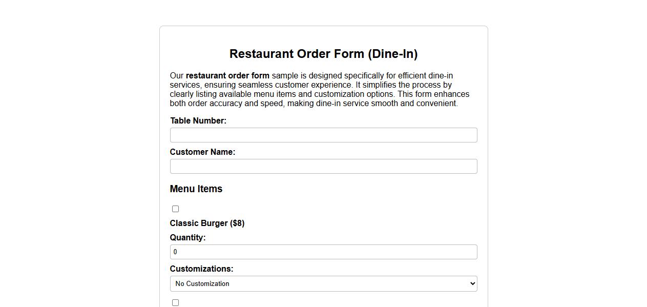 Restaurant order form sample for dine-in services image preview