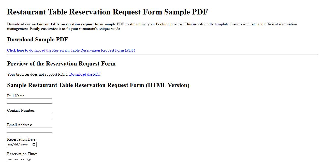 restaurant table reservation request form sample PDF image preview