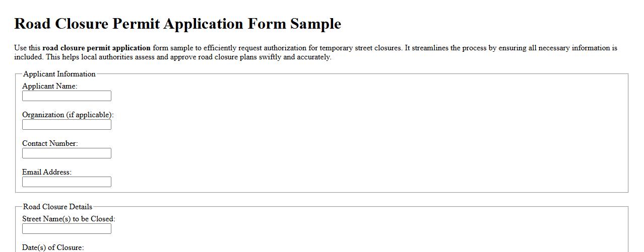 Road closure permit application form sample image preview