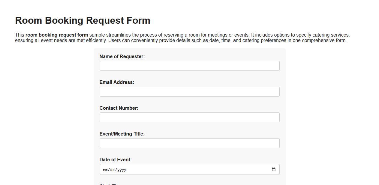 Room booking request form sample including catering services image preview