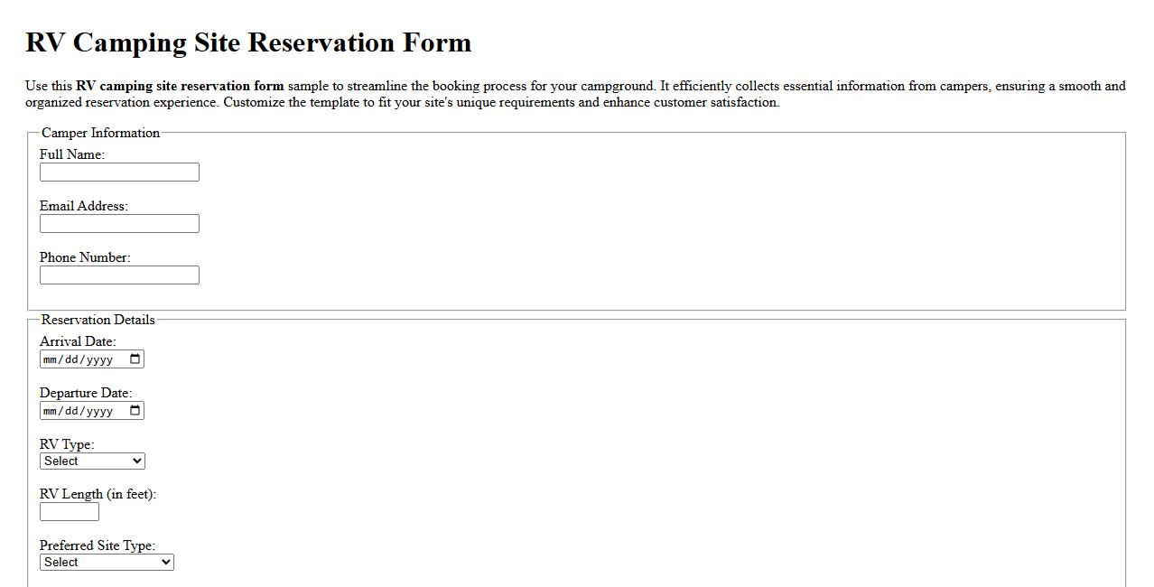 RV camping site reservation form sample image preview