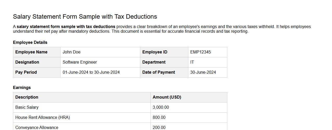 salary statement form sample with tax deductions image preview