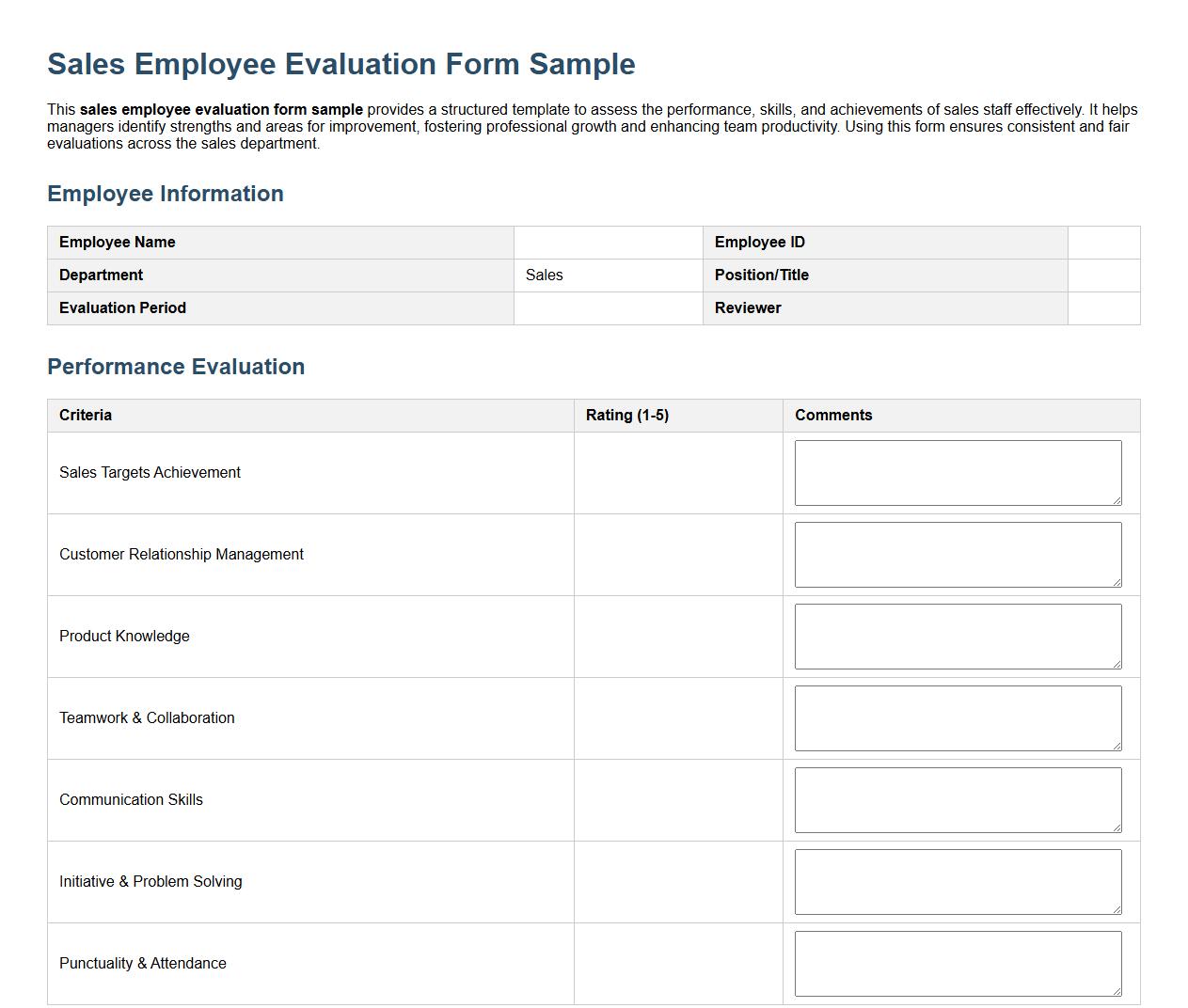 Sales employee evaluation form sample image preview