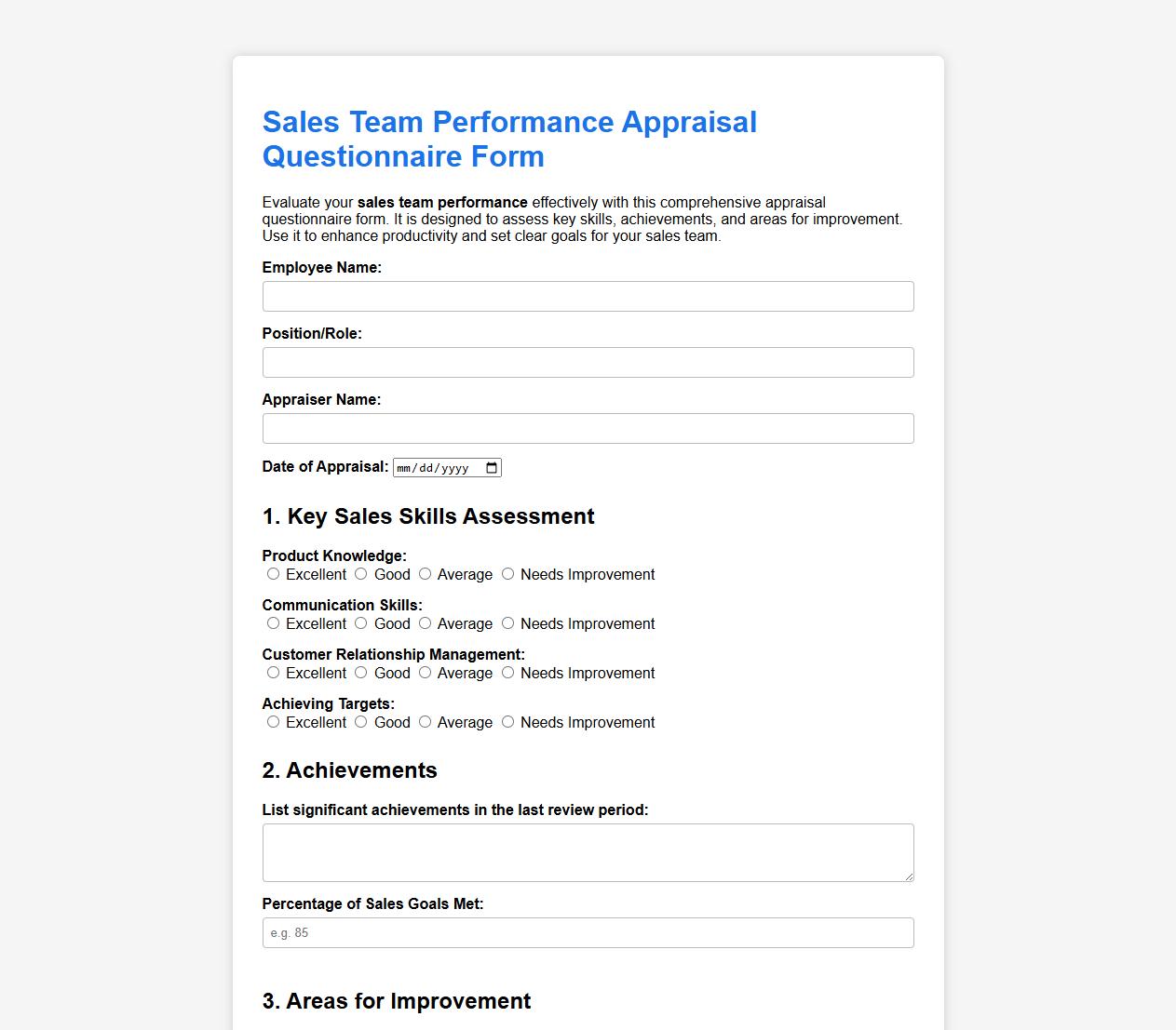 Sales team performance appraisal questionnaire form image preview
