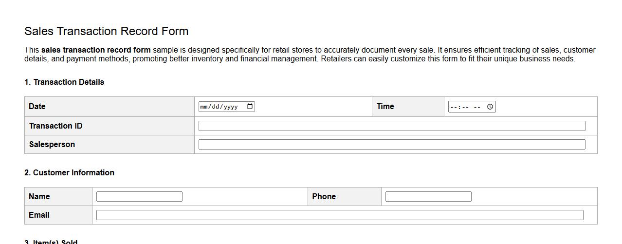 sales transaction record form sample for retail stores image preview