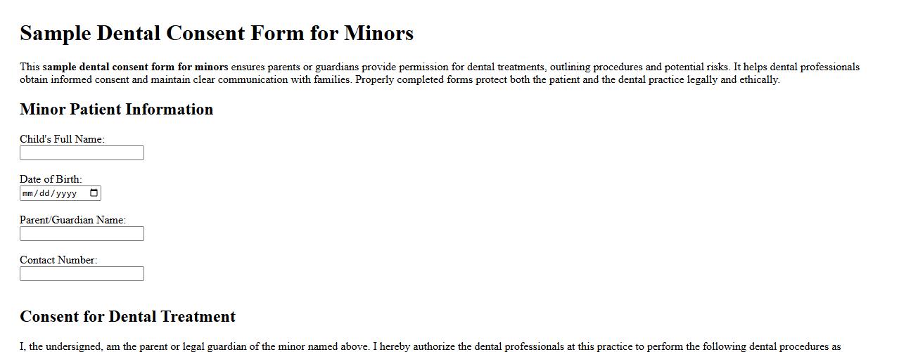 Sample dental consent form for minors image preview