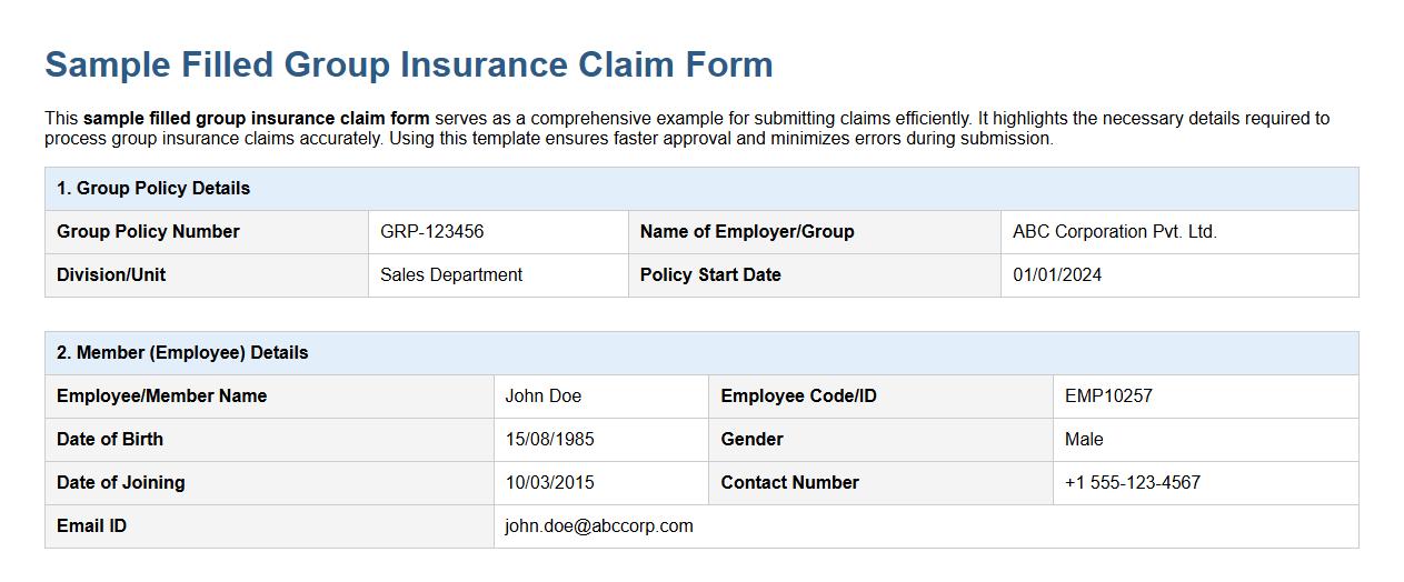 sample filled group insurance claim form image preview